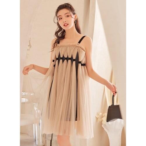 YIGELILA Summer Women Spaghetti Strap Dress Elegant Cute Mesh Dress Loosen A-line Dress Knee-length 66300