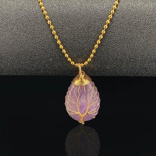 Natural Stone Necklace Pendants Amethyst Tigereye Handmade Tree of Life Water Drop Crystal Pendant Gold Color for Jewelry Making