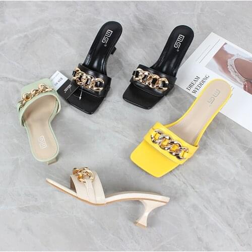 Summer womens sandals 2021 new one line belt high heel sandal metal decoration fashion comfortable womens shoes 6cm
