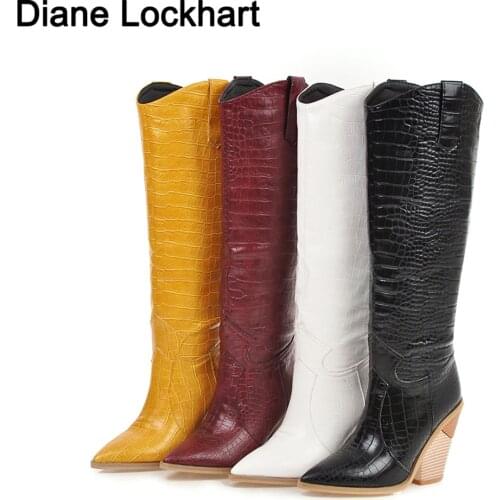 Knee High Boots Western Cowboy Boots for Women Long Winter Boots Pointed Toe Cowgirl wedges Motorcycle Boots Black Yellow White