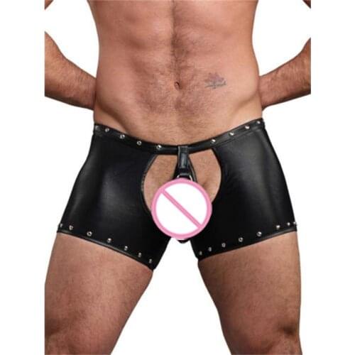 Sexy Rivet Lingerie Mens Latex PVC Bondage open crotch leggings Shorts Gothic Fetish Gay Faux Leather tight Pants clubwear