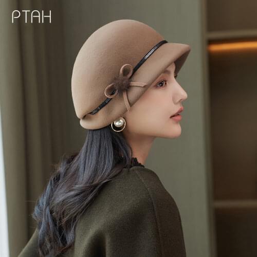 [PTAH] Fedora Hat For Women Temperament Elegant Church 2021 Autumn Winter Womens Bow Hat 100% Wool High Quality Top Hat Wedding