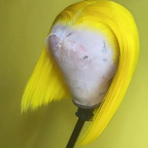 Remy Light Yellow Colored Transparent Lace Front Human Hair For Woman Blunt Cut Short Bob With Baby Hair Natural Hairline