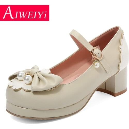 Woman Pumps Shoes Black Pink Round toe Sweet Bow tie Buckle Strap High Heels Shoes Ladies Lolita Pumps Students Uniform Shoes