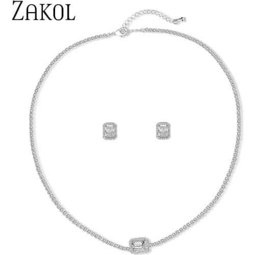 ZAKOL Fashion Geometric Square Cubic Zirconia Stud Earrings Necklace Bride Bridesmaid Luxury Wedding Jewelry Sets Gift SP3369