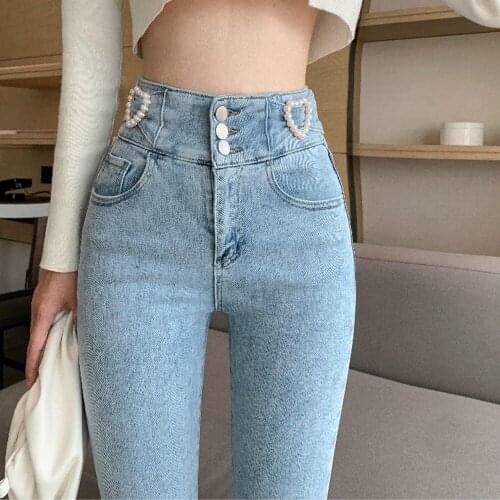 2021 Spring Vintage Single-breasted Women pearl Denim Jeans High Waist Stretch Pants Capris Female Streetwear Blue Jeans Pant