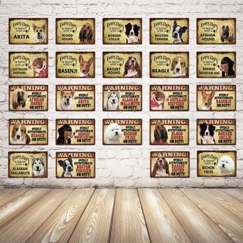 Dog Warning Tin Sign Pastoral Lovely Pets Dog Metal Plaques Corgi Akita Beagle Plaque Plate Club Plaque Sign Bar Home Wall Decor