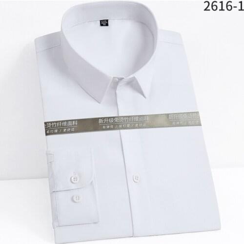 2021 New Men Shirt Long Sleeve Elastic Bamboo Cloth No-Iron Soft Solid Color 3D Cutting Black Work Casual 5XL Econimic DA507