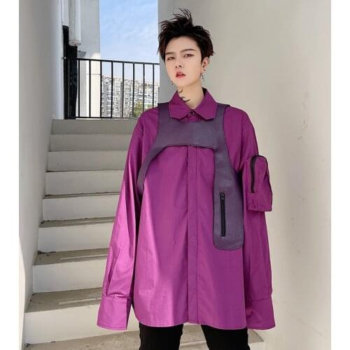 2021 spring summer Korean style unique PU leather waistcoat design shirts men casual loose shirts for men,size M-XXL