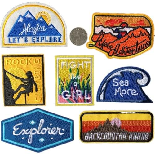 20pcs/lot Embroidery Patch Rock Climbing Scenery Letter Girl Clothing Decoration Sewing Accessory Iron Heat Transfer Applique