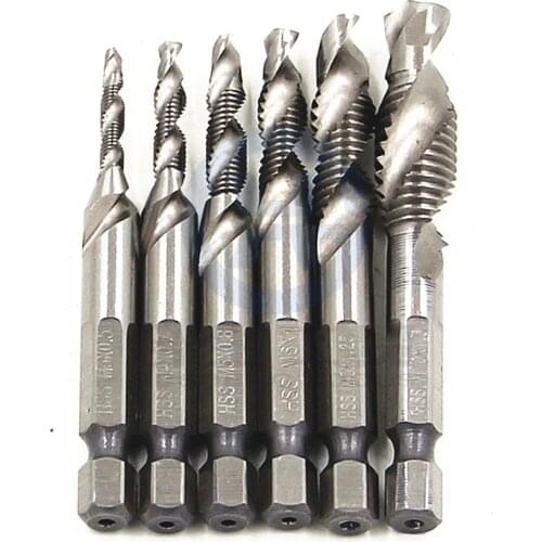 6pcs M3 M4 M5 M6 M8 M10 HSS Drill Bit Tap HSS Drill Bits Metric Thread Spiral Screw1/4" Hex Shank Bits Set Power Tools