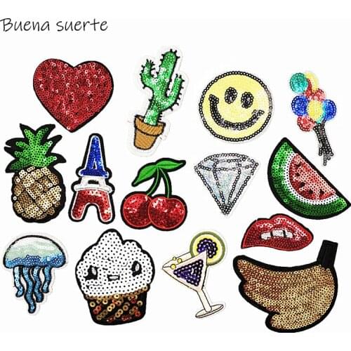 15 styles 1PC Embroidered Cactus Pineapple Smile Diamond Hearts Applique Flower Sequin Iron on Patches for Jeans Cartoon Patch