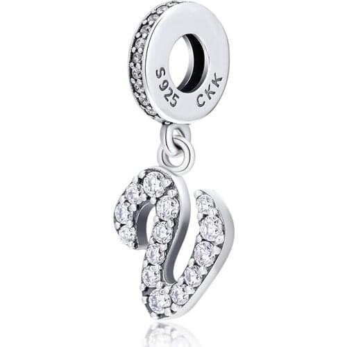 Beads fits for Necklaces Bracelets 100% 925 Sterling Silver Jewelry Shining Letter V Charms with Clear CZ Free Shipping