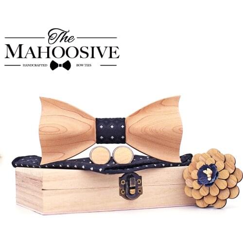 2020 Paisley 3D Maple Wooden Wood Bow Tie Silk Handkerchief Cufflink Brooch Set For Mens Wedding Novelty Accessory Ties and Box