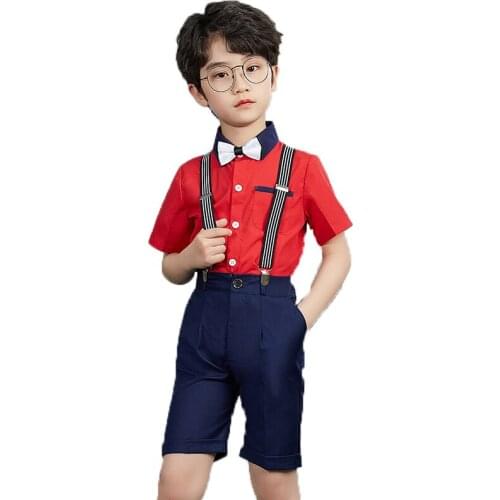 Boys Girls Summer Shirt +Short +Suspender+Bowtie Clothing Set Gentleman Kids School Performance Dress Children Graduation Suit