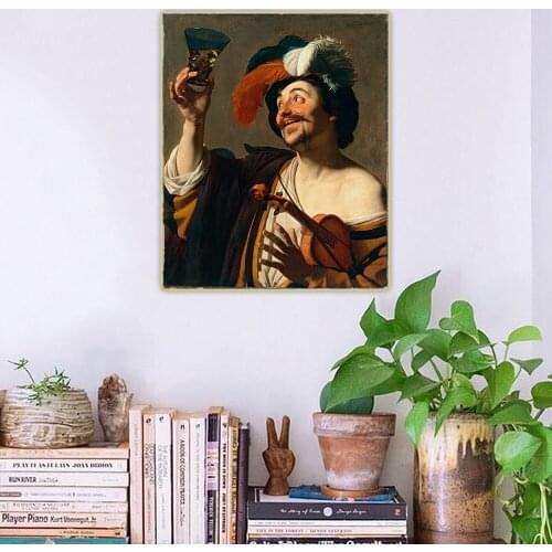 The Happy Violinist with a Glass of Wine by Gerard van Honthorst Canvas Oil Painting Art Aesthetic Wall Decor Home Decoration