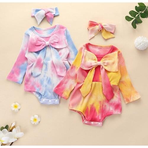 0-24M Infant Toddler Newborn Outfits Set Hot Sale Newborn Infant Baby Girls Knit Tie-Dye Printed Bodysuit Romper+Headbands