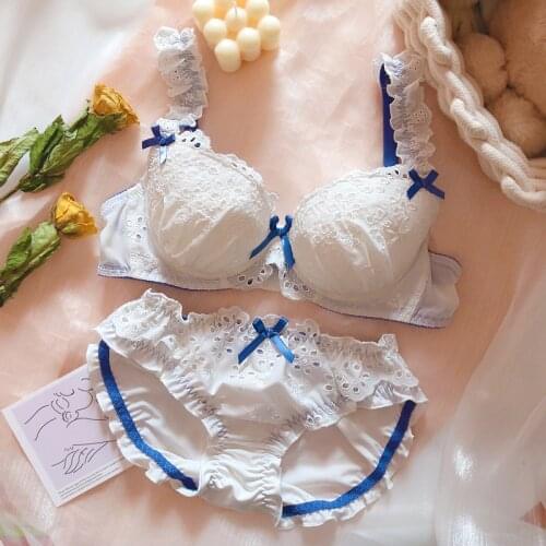 Cute Sweet Ruffle Women White Underwire Bra & Panties Set Soft Girl Fresh Lolita Hollow Out Petals Lace Embroidery Underwear Set
