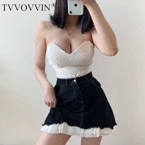 TVVOVVIN French High Waist Fake Two Piece Stitching Pleated Lace Mesh Ruffle Girlish Temperament Thin Denim Mini Skirts W68I