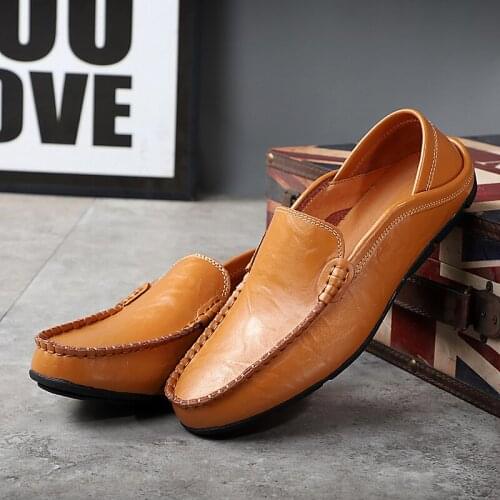 Fashion Brown Mens Genuine Leather Shoes Casual Slip On Italian Shoes Men Loafers Moccasins Breathable Black Male Driving Shoes