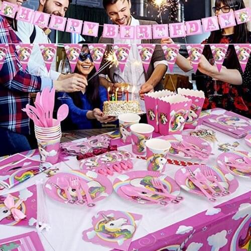 Unicorn birthday party decorations disposable tableware set Unicorn balloon cups plates napkin kids birthday party supplies