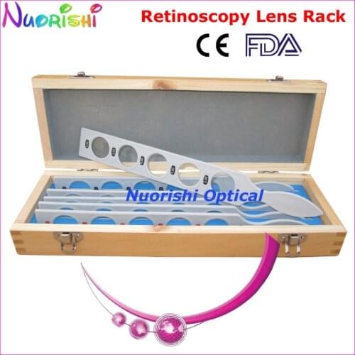 E03-0 Optical Supplies Retinoscopy Lens Rack Set Kit Trial Board Lens 6 Plastic Bar 30 Lenses Wooden Case Lowest Shipping Costs