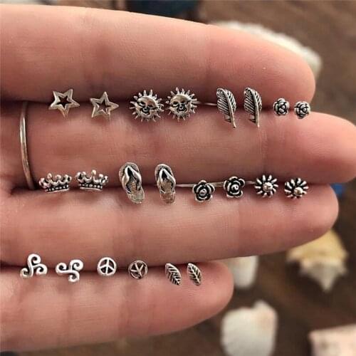 24PCS=11Pairs Women Multiple Sector Stud Earrings Sets Vintage Alloy Geometric Rhinestone Earring Assorted