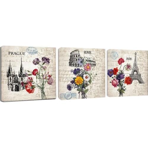3 Piece Canvas Wall Art Vintage Roma Paris flowers Painting Picture Print On Canvas poster For Living Room wall decor