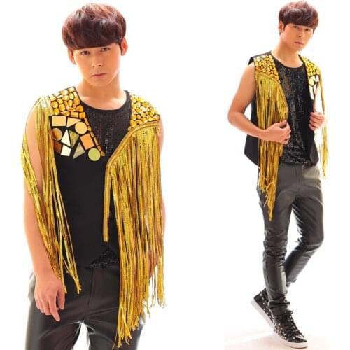 Newly Fashion Male Tassel Mix Match Vest Nightclub Singer Personality ds Stage Costumes