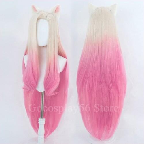 LoL KDA Ahri Cosplay Wig Gradual Beige Pink Synthetic Hair Side Part 100cm Long Straight Wig Women LOL Cosplay