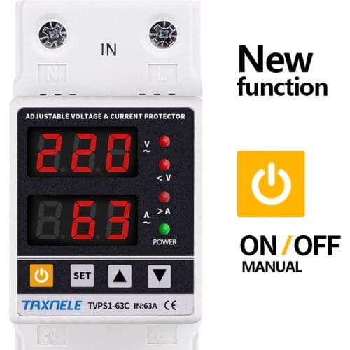 Dual Display 40A 63A 230V Din Rail Adjustable digital Over Under Voltage Relay Surge Protector Limit Over Current Protection