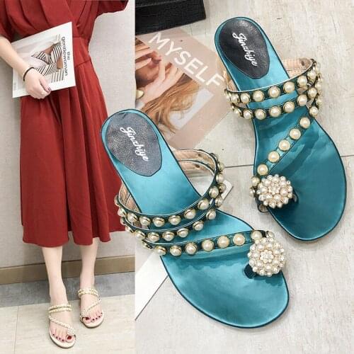 Summer Pearl Slippers Women Shoes Woman 2020 New Thick High Heels Slippers Female Slides Mules Sexy Ladies Casual Beach Shoes