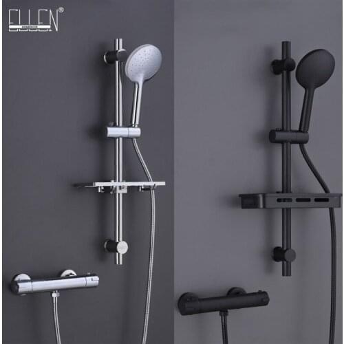 ELLEN Bath Shower Faucets Thermostatic With Sliding Bar Hot Cold Water Shower Sets Wall Tap Mix Black Rainfall Shower EL3906L