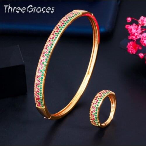 ThreeGrace Trendy Green Red Cubic Zirconia Wedding Bangle and Ring Set for Women Luxury African Gold Color Jewelry Gift JS134