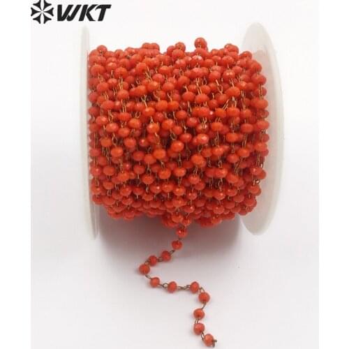 WT-RBC043 Wholesale Resist Tarnishable Light Red Bead Gold Color Wire Wrapped Beads Rosary Chain Handmake Necklace Women Jewelry