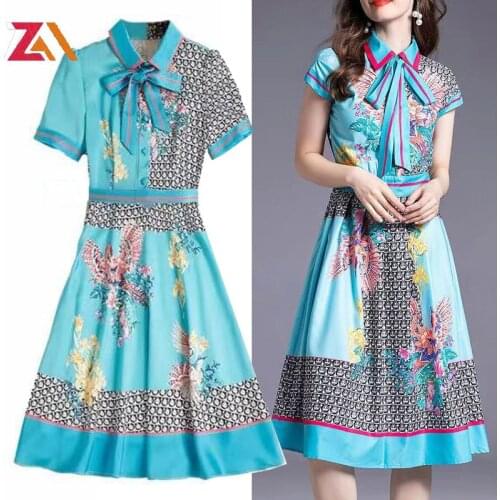 ZALady designer vintage printed midi dress traf summer elegant bow retro floral short sleeve party office dresses women vestidos