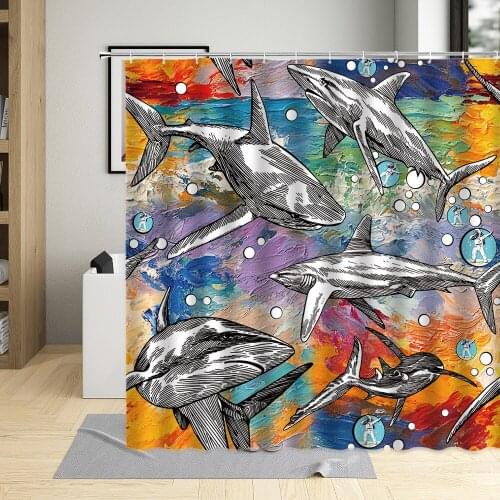 Fish Shower Curtain Sea Animals Shark Whale Dolphin Koi Ocean Scenery Pattern Bathroom Decor Polyester Cloth Hanging Curtain Set