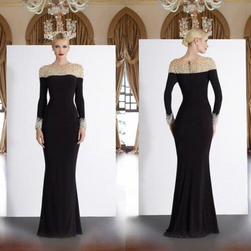 Pearls 2020 Mother Of The Bride Dresses Black Long Sleeve O Neck Mother Of The Groom Gowns Plus Size