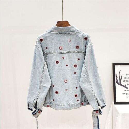 Streetwear Denim Jacket Women Circle Hollow Out Loose Vintage Jean Jacket Chic Light Blue Single Breasted Casual Short Coat