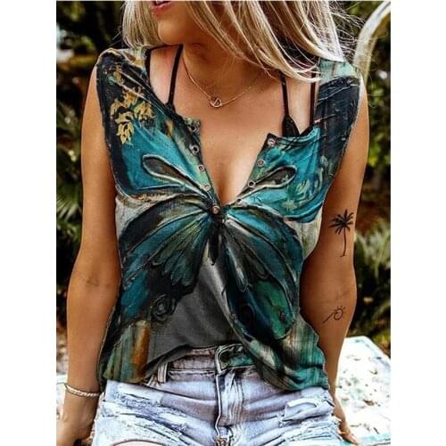 New Fashion Women Butterfly 3D Printed Sexy V-Neck Sleeveless T-Shirt Summer Loose Women Tops