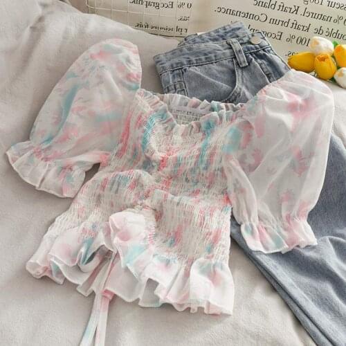 Women Blouses 2021 Summer Chiffon Shirt One Neck Halter Puff Sleeved Shirring Ruffle Sweet Princess Style Short Sleeved Top