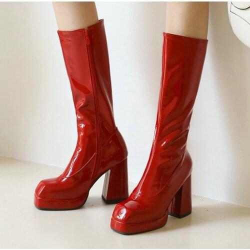 Sianie Tianie 2021 New Patent PU Leather Red White Black Platform Block High Heels Knee High Women Stretch Boots Big Size 47 48