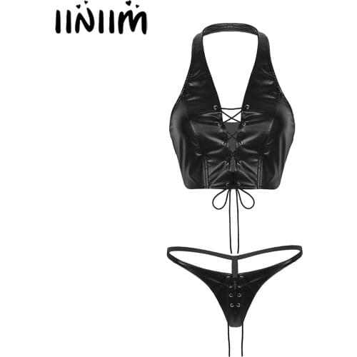 Iiniim Women Lingerie Set Leather Lace Up Crop Top with Mini G-String Thong Night Parties Sexy Latex Clubwear Costumes