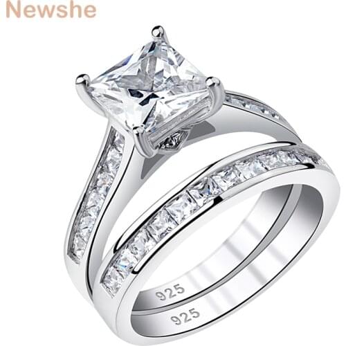 Newshe Womens Wedding Ring Set 7mm Princess Cut Zircon 925 Sterling Silver Engagement Rings Classic Jewelry For Women QR5853