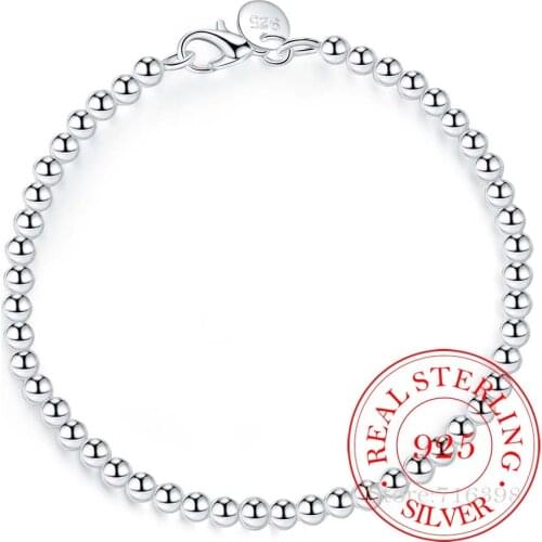 100% Real 925 Sterling silver Bracelet for Women men Homme 4MM Beads Ball Chain Bracelets Bangles Classic Pulsera De Mujer