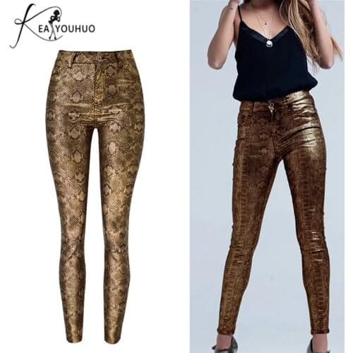 2020 Summer Stretch Female Golden Snake Print Pants Women Trousers PU Leather Pants High Waist Casual Pencil Joggers Women Pants
