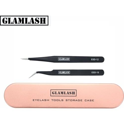 GLAMLASH Tinplate ESD-12 ESD-15 Tweezer Case Rose Gold/Silver Storage Box Makeup Tools 3 in 1