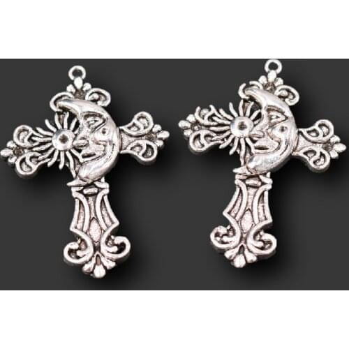 4pcs Silver Plated Sun Father & Moon Mother Cross Pendants Retro Necklace Metal Accessories DIY Charms For Jewelry Crafts Making