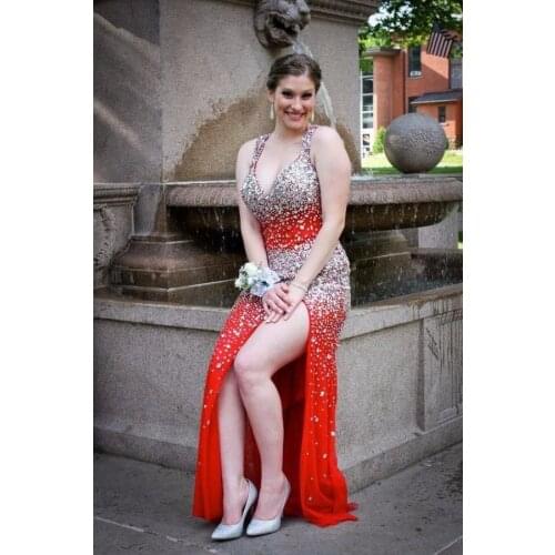 Beading Crystal Evening Dress Sexy Split Side Prom Dress Sleeveless Halter Neck Court Train Appliques