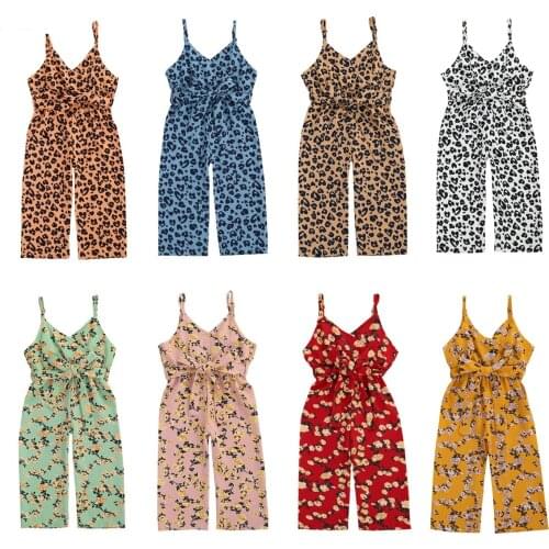1-6Y Kids Girls Romper Leopard/Floral Print Sleeveless Bow Jumpsuit Playsuit One Piece Holiday Outfit